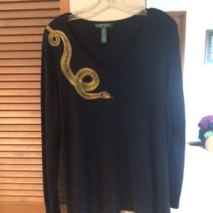 Ralph Lauren 2x Black v neck sweater with stitched gold snake